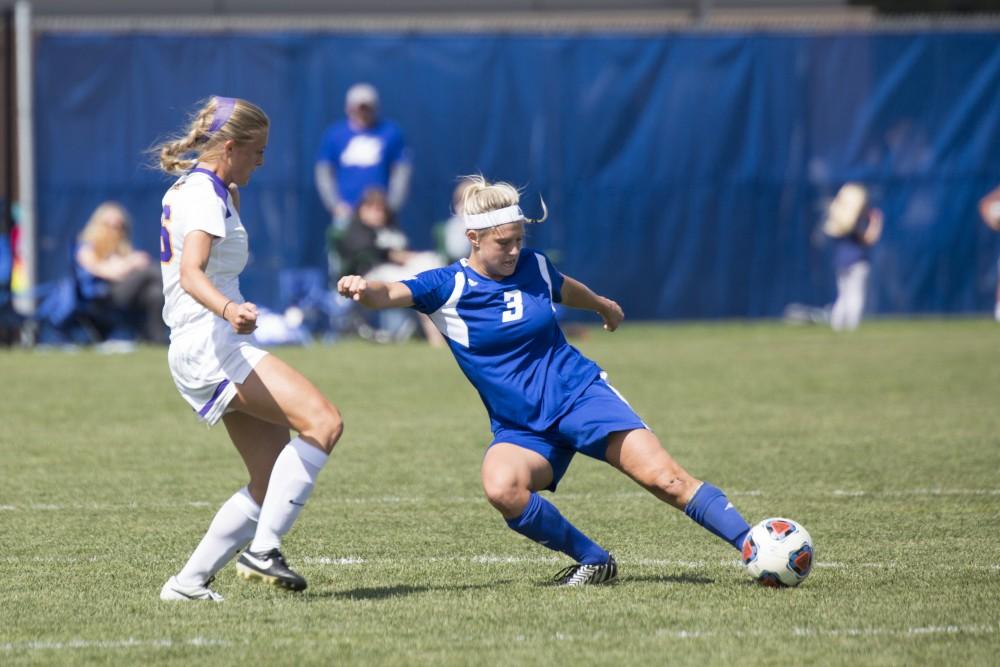 GVL/Kevin Sielaff
Defender Gabbie Guibord clears the ball. Grand Valley's women's soccer team defeats #4 ranked Minnesota State by a score of 2-1 Sept. 13.