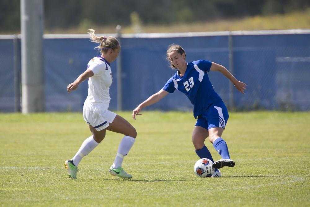 GVL/Kevin Sielaff
Katy Woolley pushes the ball upfield. Grand Valley's women's soccer team defeats #4 ranked Minnesota State by a score of 2-1 Sept. 13. 