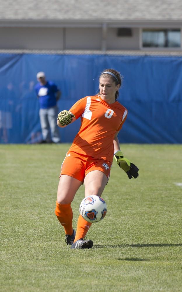 GVL/Kevin Sielaff
Goalkeeper Emily Maresh clears the ball. Grand Valley's women's soccer team defeats #4 ranked Minnesota State by a score of 2-1 Sept. 13. 