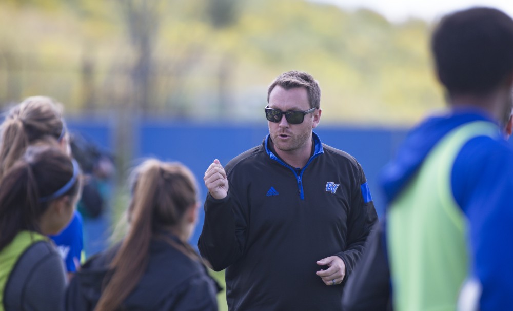 GVL/Kevin Sielaff
Head coach Jeff Hosler directs his team. Grand Valley's women's soccer team defeats #4 ranked Minnesota State by a score of 2-1 Sept. 13.