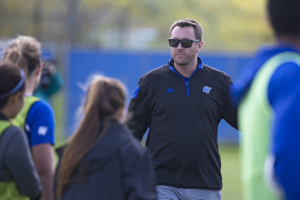 GVL/Kevin Sielaff
Head coach Jeff Hosler directs his team. Grand Valley's women's soccer team defeats #4 ranked Minnesota State by a score of 2-1 Sept. 13.