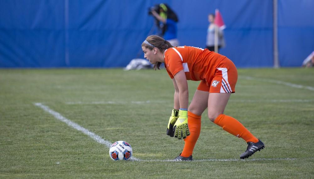 GVL/Kevin Sielaff
Goalkeeper Emily Maresh clears the ball. Grand Valley's women's soccer team defeats #4 ranked Minnesota State by a score of 2-1 Sept. 13.