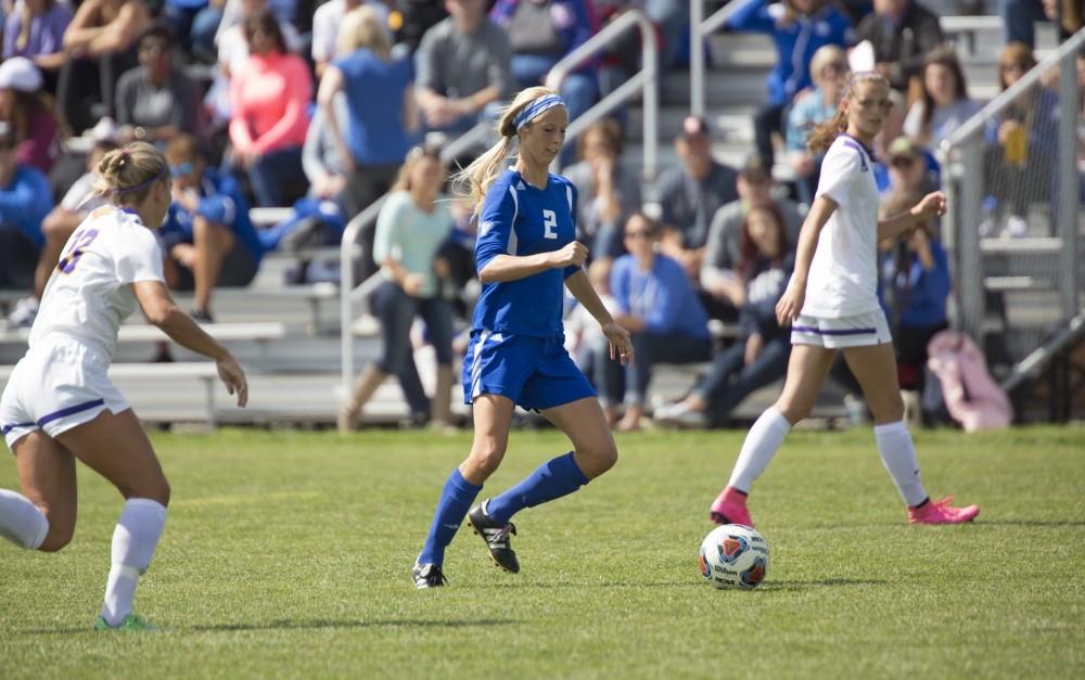 GVL/Kevin Sielaff
Katie Klunder dribbles the ball around midfield. Grand Valley's women's soccer team defeats #4 ranked Minnesota State by a score of 2-1 Sept. 13. 