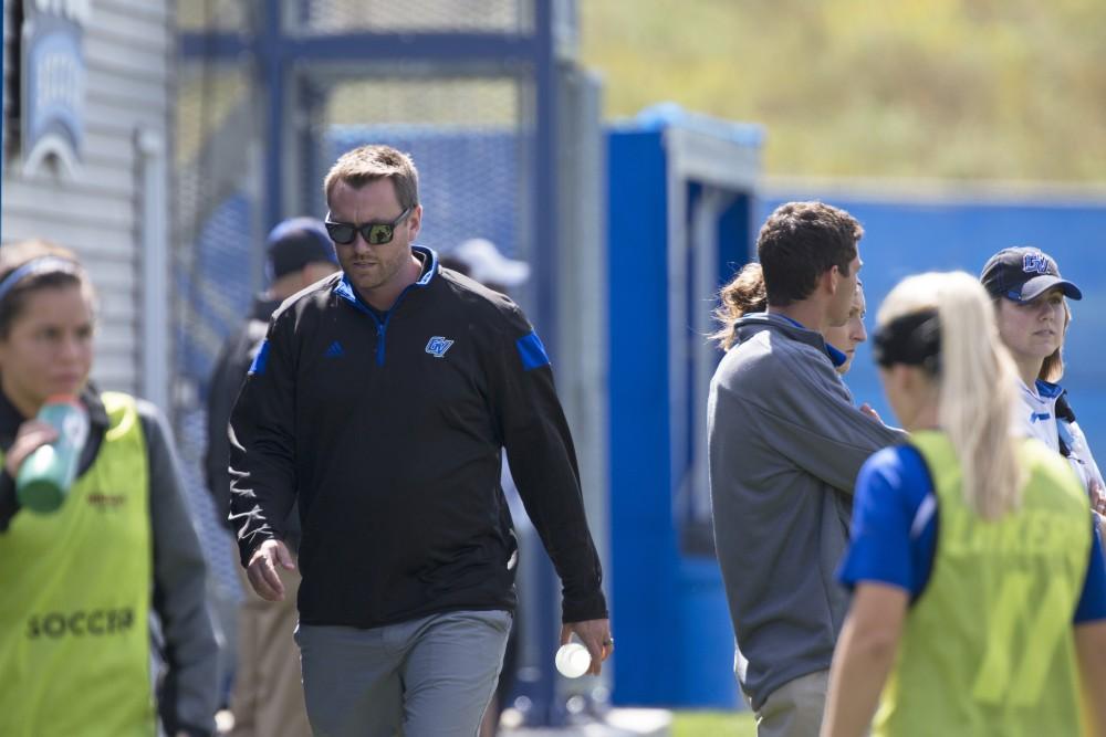 GVL/Kevin Sielaff
Head coach Jeff Hosler directs his team. Grand Valley's women's soccer team defeats #4 ranked Minnesota State by a score of 2-1 Sept. 13.