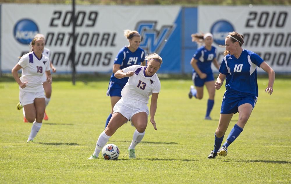 GVL/Kevin Sielaff
Korey Kronforst of Minnesota State moves toward the Grand Valley net. Grand Valley's women's soccer team defeats #4 ranked Minnesota State by a score of 2-1 Sept. 13. 