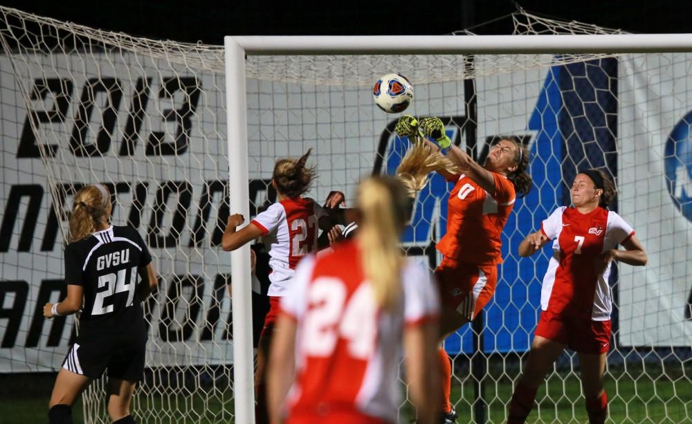 GVL/Kevin Sielaff  
Emily Maresh (0) blocks a shot. The Laker soccer team defeats SVSU Sept. 22 by a margin of 6-1 in Allendale.  