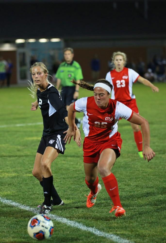 GVL/Kevin Sielaff  
Katie Klunder (2) defends an SVSU attacker. The Laker soccer team defeats SVSU Sept. 22 by a margin of 6-1 in Allendale.  