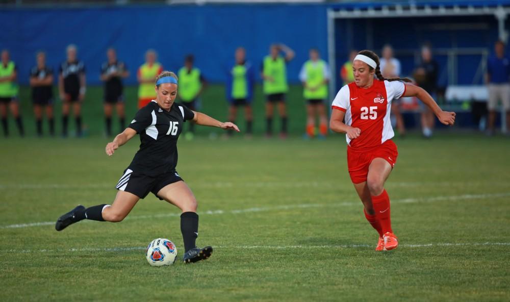 GVL/Kevin Sielaff  
Dani Johnson (16) clears the ball upfield. The Laker soccer team defeats SVSU Sept. 22 by a margin of 6-1 in Allendale.  