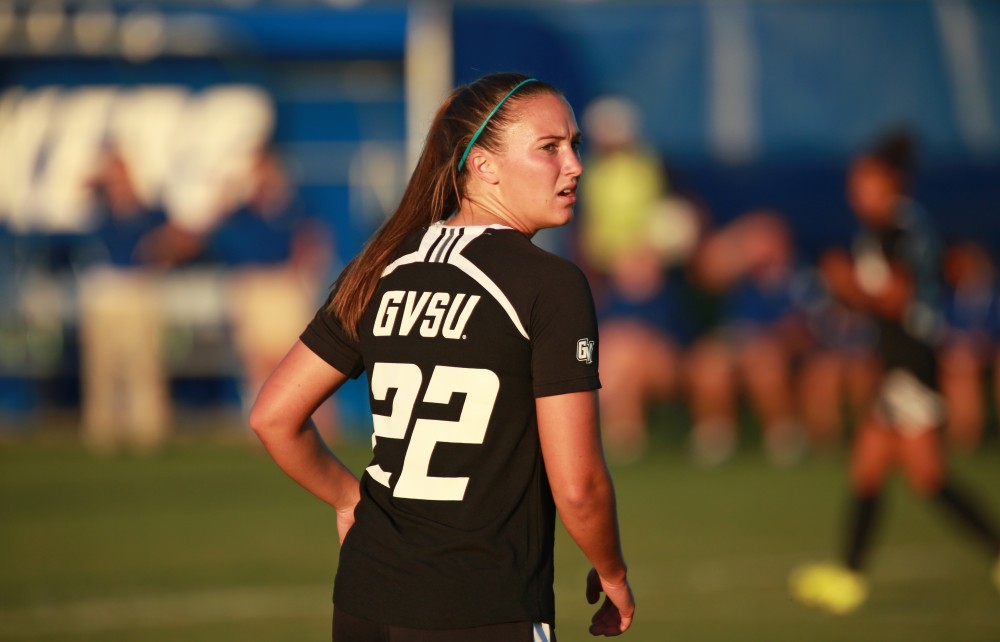 GVL/Kevin Sielaff  
Samantha Riga (22) looks for an inbound pass. The Laker soccer team defeats SVSU Sept. 22 by a margin of 6-1 in Allendale.  