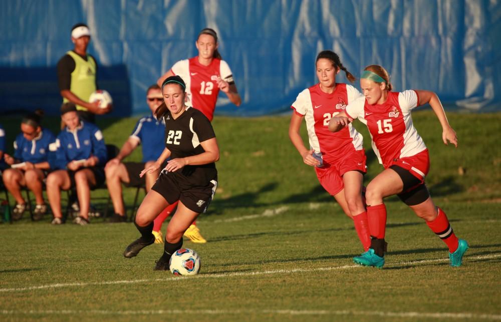 GVL/Kevin Sielaff  
Samantha Riga (22) moves the ball up field. The Laker soccer team defeats SVSU Sept. 22 by a margin of 6-1 in Allendale.