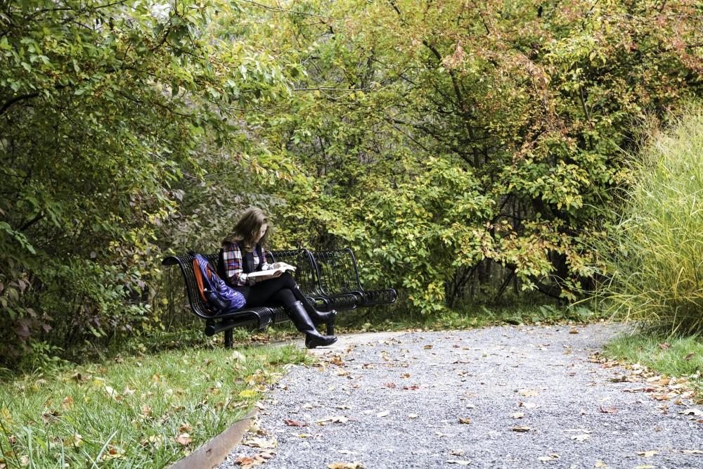 GVL / Sara Carte
Grand Valley student, Bethany Garcia, studies on Allendale’s campus on Oct. 14. The dean of the College of Liberal Arts and Sciences is pushing for a Fall breather weekend of no school work.