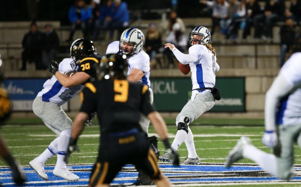 GVL / Kevin Sielaff - Bart Williams (6) lines up a pass down field. Grand Valley squares off against Michigan Tech Oct. 17 at Lubbers Stadium in Allendale. The Lakers defeated the Huskies with a score of 38-21.