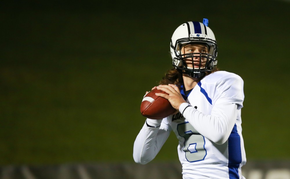 GVL / Kevin Sielaff - Bart Williams (6) aims up a long pass down field. Grand Valley squares off against Michigan Tech Oct. 17 at Lubbers Stadium in Allendale. The Lakers defeated the Huskies with a score of 38-21.