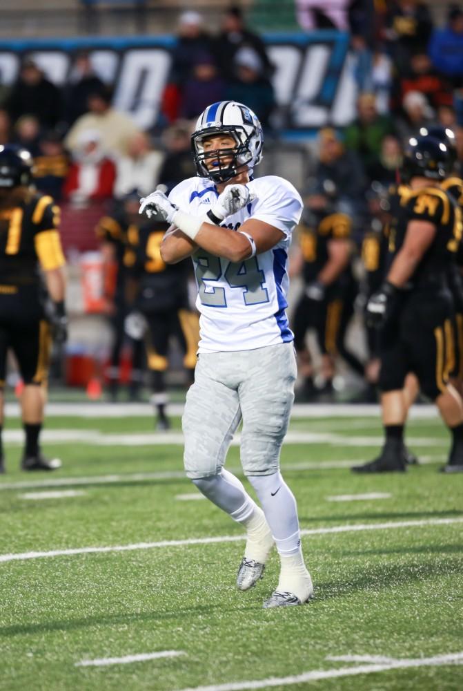 GVL / Kevin Sielaff -  Matt Williams (24) signals to the bench. Grand Valley squares off against Michigan Tech Oct. 17 at Lubbers Stadium in Allendale. The Lakers defeated the Huskies with a score of 38-21.