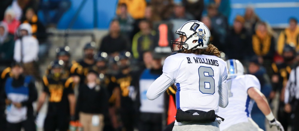 GVL / Kevin Sielaff -  Bart Williams (6) looks down field. Grand Valley squares off against Michigan Tech Oct. 17 at Lubbers Stadium in Allendale. The Lakers defeated the Huskies with a score of 38-21.