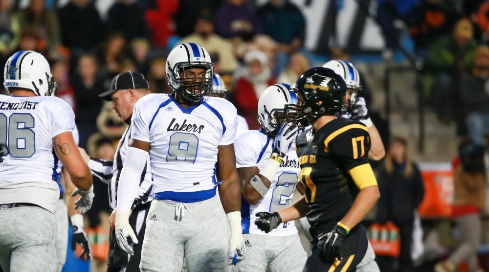 GVL / Kevin Sielaff -  Matt Judon (9) looks toward the bench. Grand Valley squares off against Michigan Tech Oct. 17 at Lubbers Stadium in Allendale. The Lakers defeated the Huskies with a score of 38-21.