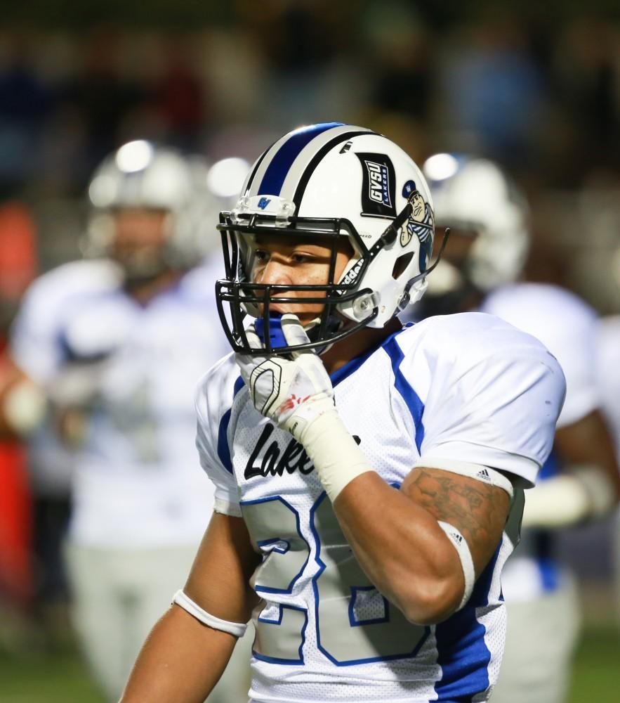 GVL / Kevin Sielaff -  Tre Walton (28) looks toward the bench. Grand Valley squares off against Michigan Tech Oct. 17 at Lubbers Stadium in Allendale. The Lakers defeated the Huskies with a score of 38-21.