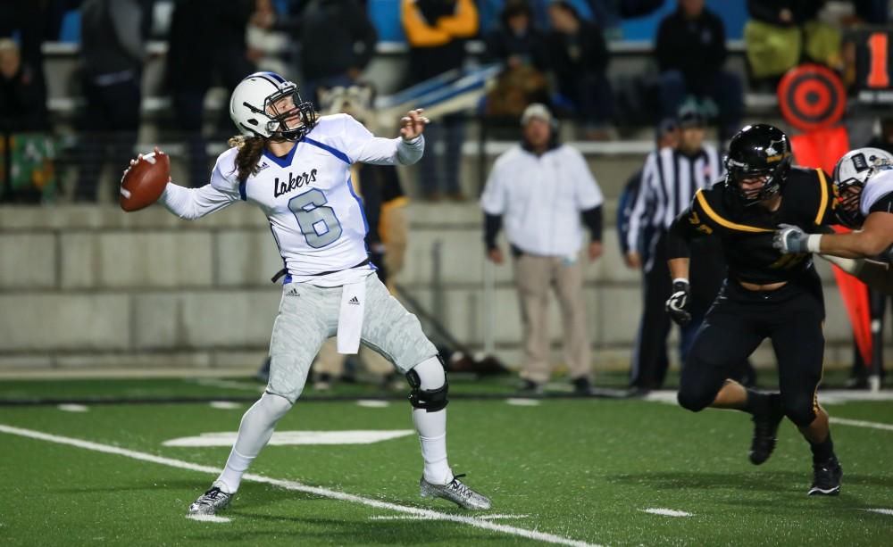 GVL / Kevin Sielaff -  Bart Williams looks for a receiver. Grand Valley squares off against Michigan Tech Oct. 17 at Lubbers Stadium in Allendale. The Lakers defeated the Huskies with a score of 38-21.