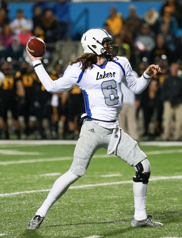 GVL / Kevin Sielaff -  Bart Williams (6) throws the ball down field.  Grand Valley squares off against Michigan Tech Oct. 17 at Lubbers Stadium in Allendale. The Lakers defeated the Huskies with a score of 38-21.