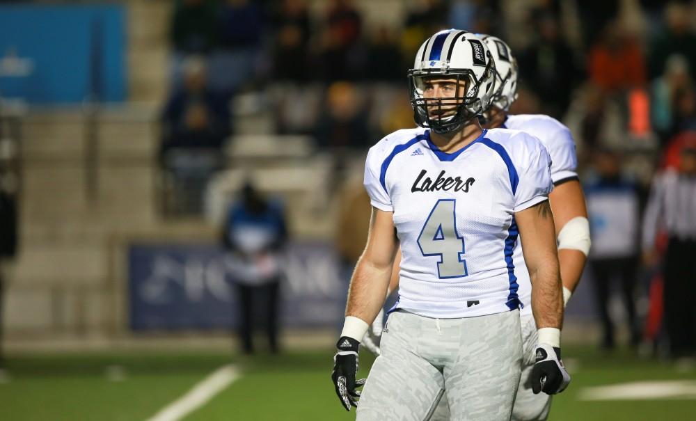 GVL / Kevin Sielaff -  Alton Voss (4) looks toward the sideline.  Grand Valley squares off against Michigan Tech Oct. 17 at Lubbers Stadium in Allendale. The Lakers defeated the Huskies with a score of 38-21.