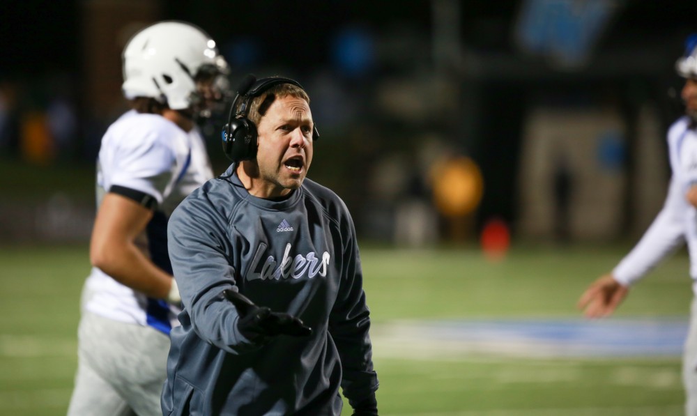 GVL / Kevin Sielaff -  Head coach Matt Mitchell disputes a call.  Grand Valley squares off against Michigan Tech Oct. 17 at Lubbers Stadium in Allendale. The Lakers defeated the Huskies with a score of 38-21.