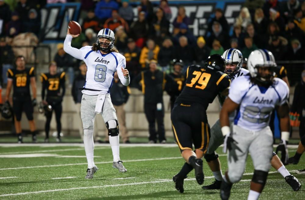 GVL / Kevin Sielaff -  Bart Williams (6) floats a pass down field.  Grand Valley squares off against Michigan Tech Oct. 17 at Lubbers Stadium in Allendale. The Lakers defeated the Huskies with a score of 38-21.