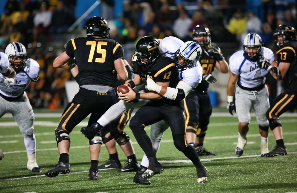 GVL / Kevin Sielaff -  Grand Valley squares off against Michigan Tech Oct. 17 at Lubbers Stadium in Allendale. The Lakers defeated the Huskies with a score of 38-21.