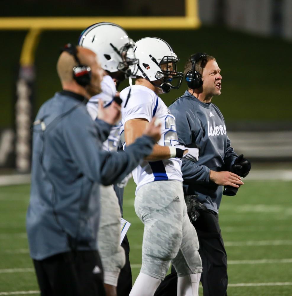 GVL / Kevin Sielaff -  Head coach Matt Mitchell disputes a call. Grand Valley squares off against Michigan Tech Oct. 17 at Lubbers Stadium in Allendale. The Lakers defeated the Huskies with a score of 38-21.