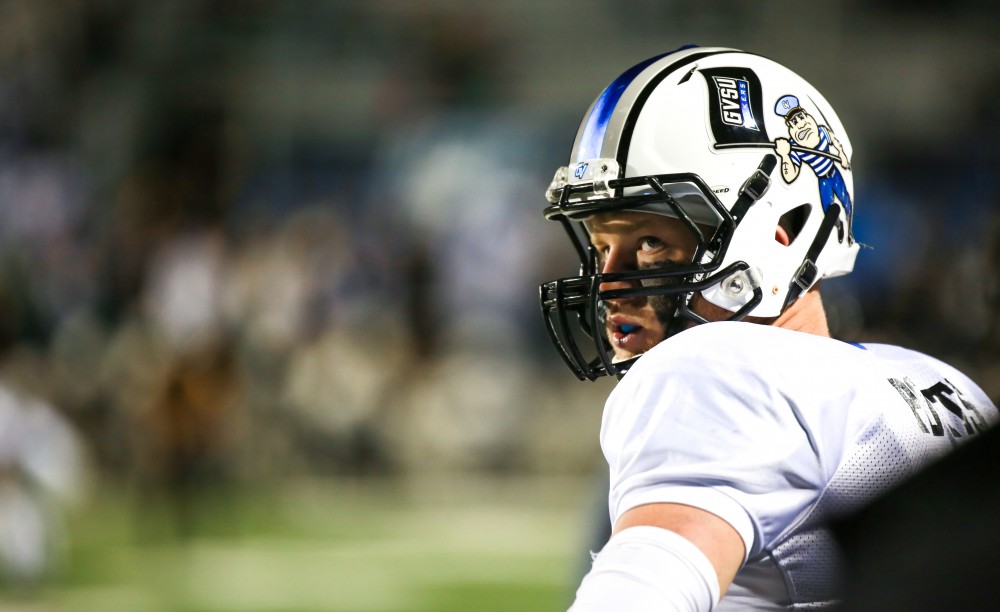 GVL / Kevin Sielaff -  Jamie Potts (15) looks toward the scoreboard.  Grand Valley squares off against Michigan Tech Oct. 17 at Lubbers Stadium in Allendale. The Lakers defeated the Huskies with a score of 38-21.