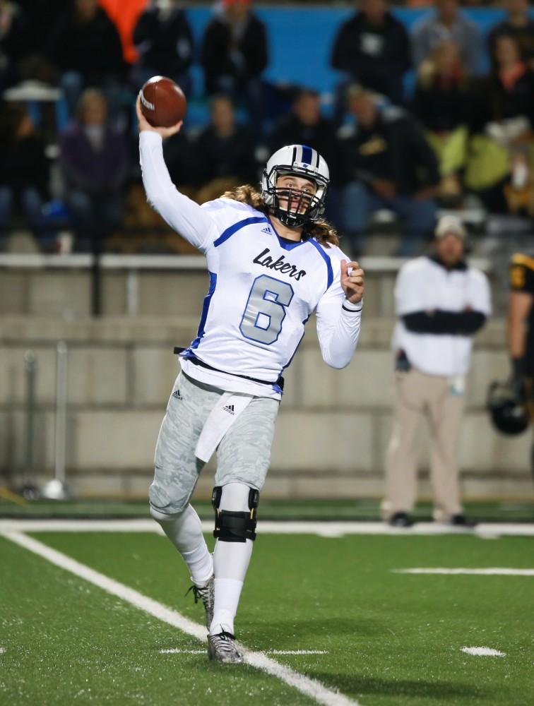 GVL / Kevin Sielaff -  Bart Williams (6) throws the ball toward the Grand Valley bench.  Grand Valley squares off against Michigan Tech Oct. 17 at Lubbers Stadium in Allendale. The Lakers defeated the Huskies with a score of 38-21.