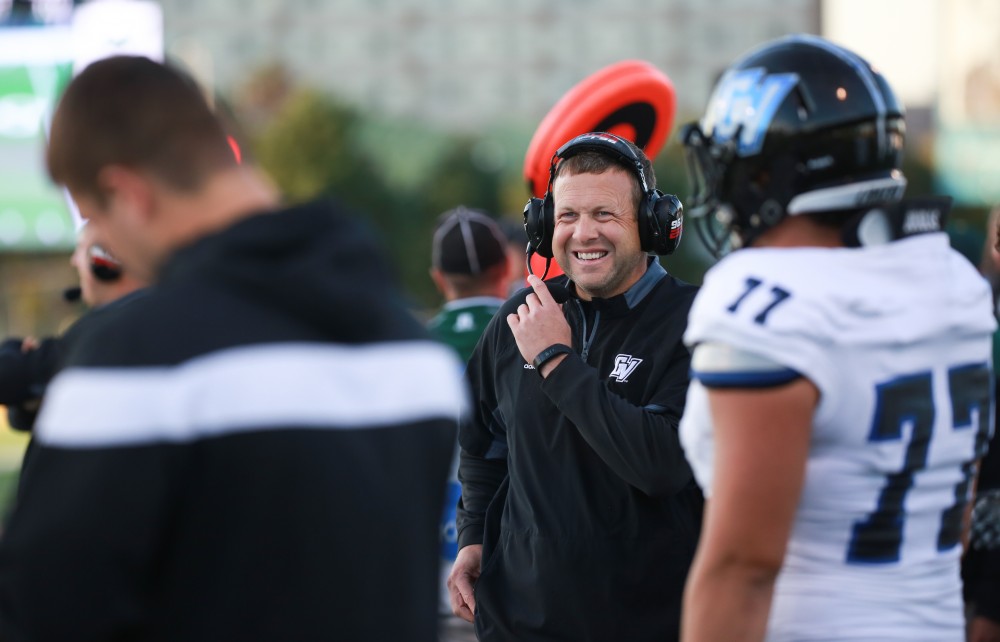 GVL / Kevin Sielaff - Head coach Matt Mitchell reacts to Wayne State's early lead. Grand Valley squares off against Wayne State University Oct. 11 in Detroit, MI. The Lakers surged to a 38-17 victory vs. the Warriors.