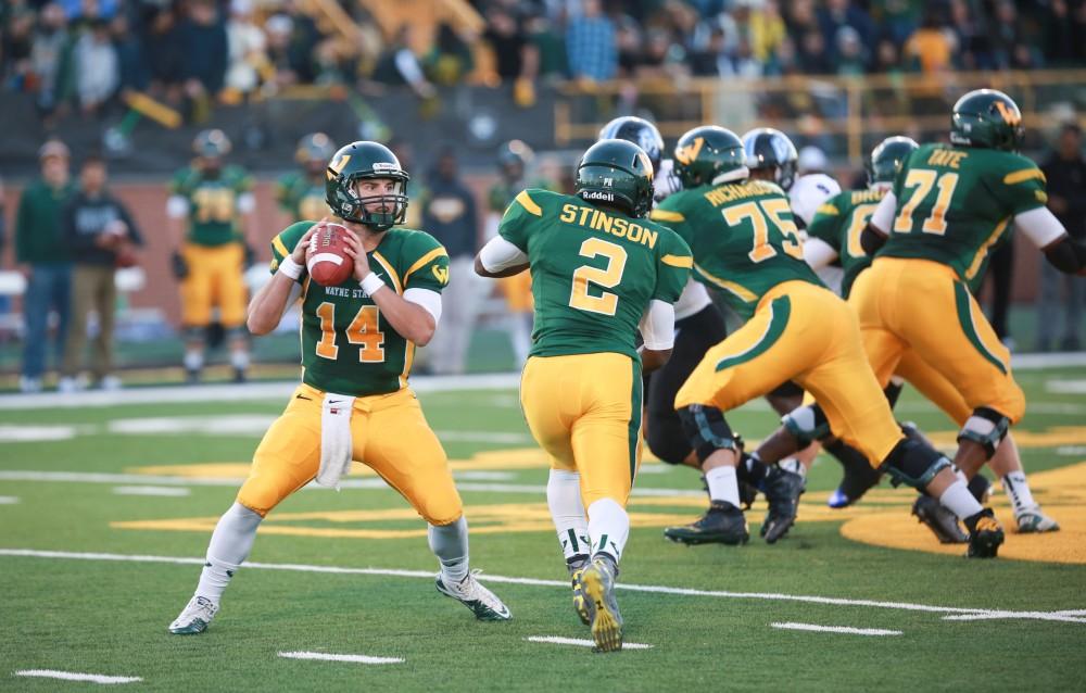 GVL / Kevin Sielaff - Wayne State QB D.J. Zezula steps back in the pocket. Grand Valley squares off against Wayne State University Oct. 11 in Detroit, MI. The Lakers surged to a 38-17 victory vs. the Warriors.