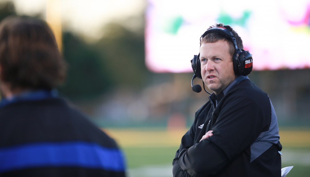 GVL / Kevin Sielaff - Head coach Matt Mitchell watches a play unfold. Grand Valley squares off against Wayne State University Oct. 11 in Detroit, MI. The Lakers surged to a 38-17 victory vs. the Warriors.