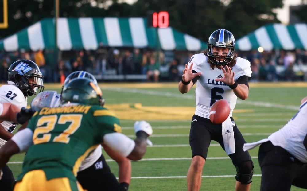 GVL / Kevin Sielaff - Bart Williams (6) receives the ball. Grand Valley squares off against Wayne State University Oct. 11 in Detroit, MI. The Lakers surged to a 38-17 victory vs. the Warriors.