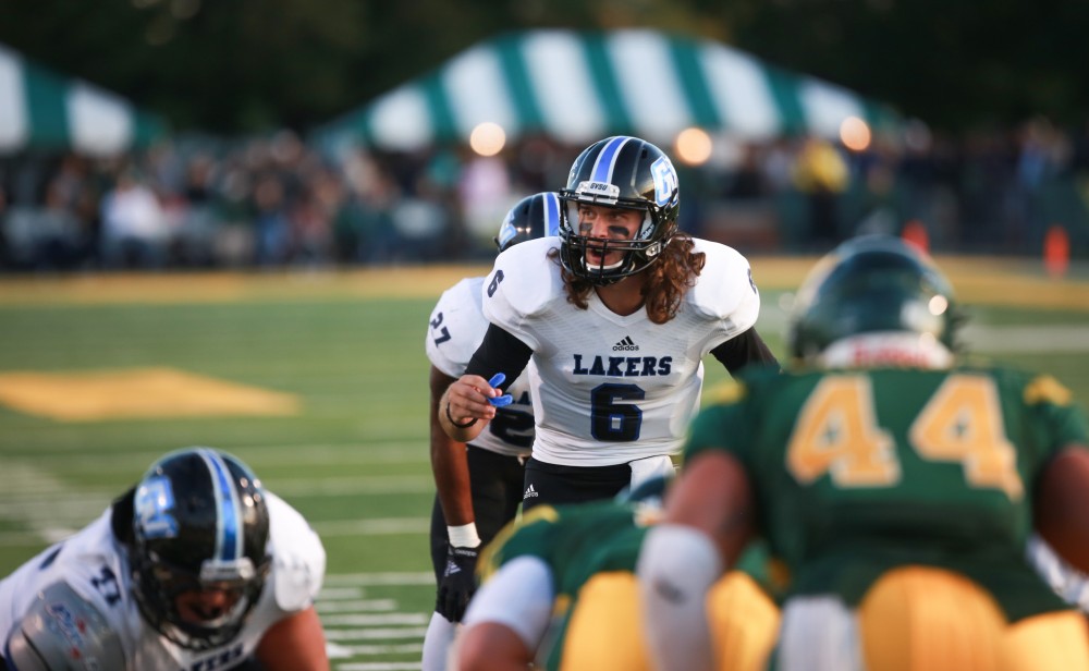 GVL / Kevin Sielaff - Bart Williams (6) calls out a play. Grand Valley squares off against Wayne State University Oct. 11 in Detroit, MI. The Lakers surged to a 38-17 victory vs. the Warriors.