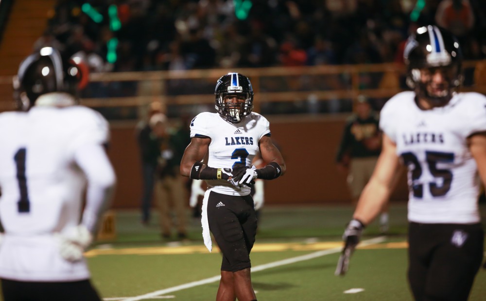 GVL / Kevin Sielaff - Marquez Gollman (2) looks toward the sideline. Grand Valley squares off against Wayne State University Oct. 11 in Detroit, MI. The Lakers surged to a 38-17 victory vs. the Warriors.