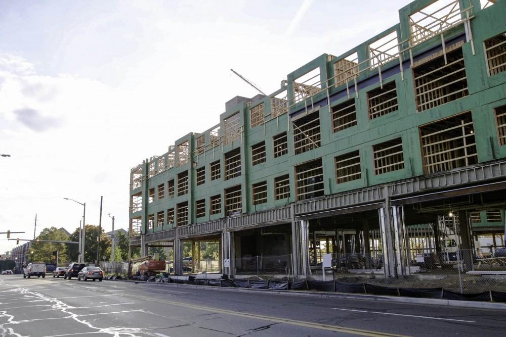 GVL / Sara Carte
Rockford Construction works on Grand Valley’s new housing, Fulton Place, on Fulton Street West on Oct. 21. Fulton Place will be finished are ready for students to move in for the 2016-2017 school year.