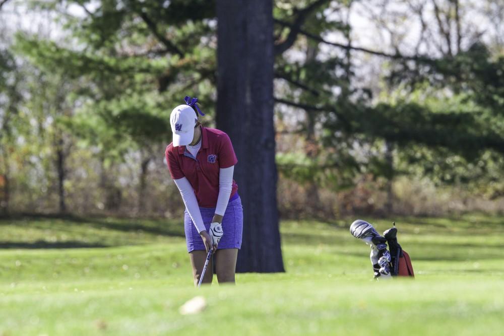 GVL / Sara Carte
Grand Valley Girl’s Golf player, Danielle Crilley, chips the ball onto the green during the Davenport Invitational at the Blythefield Country Club on Oct. 26.