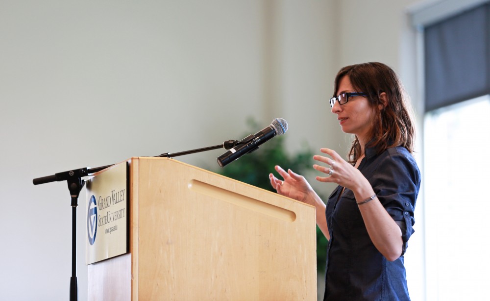 GVL / Kevin Sielaff
Author of In Our Power: U.S. Students Organize for Justice in Palestine, Nora Barrows-Friedman speaks inside the Kirkhoff Center Sept. 28. 