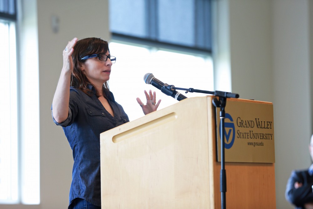 GVL / Kevin Sielaff
Author of In Our Power: U.S. Students Organize for Justice in Palestine, Nora Barrows-Friedman speaks inside the Kirkhoff Center Sept. 28. 