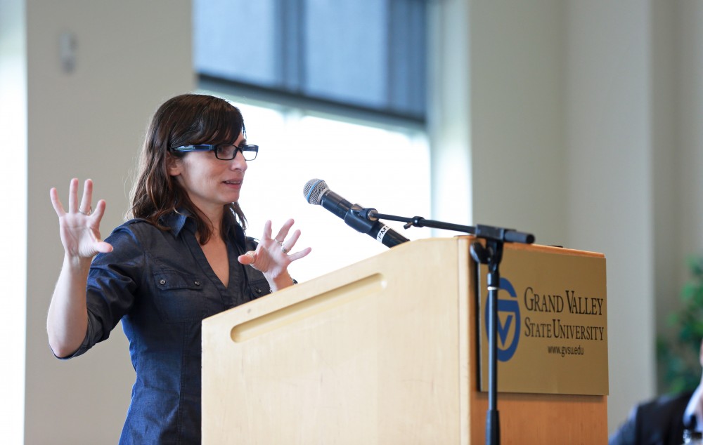 GVL / Kevin Sielaff
Author of In Our Power: U.S. Students Organize for Justice in Palestine, Nora Barrows-Friedman speaks inside the Kirkhoff Center Sept. 28. 