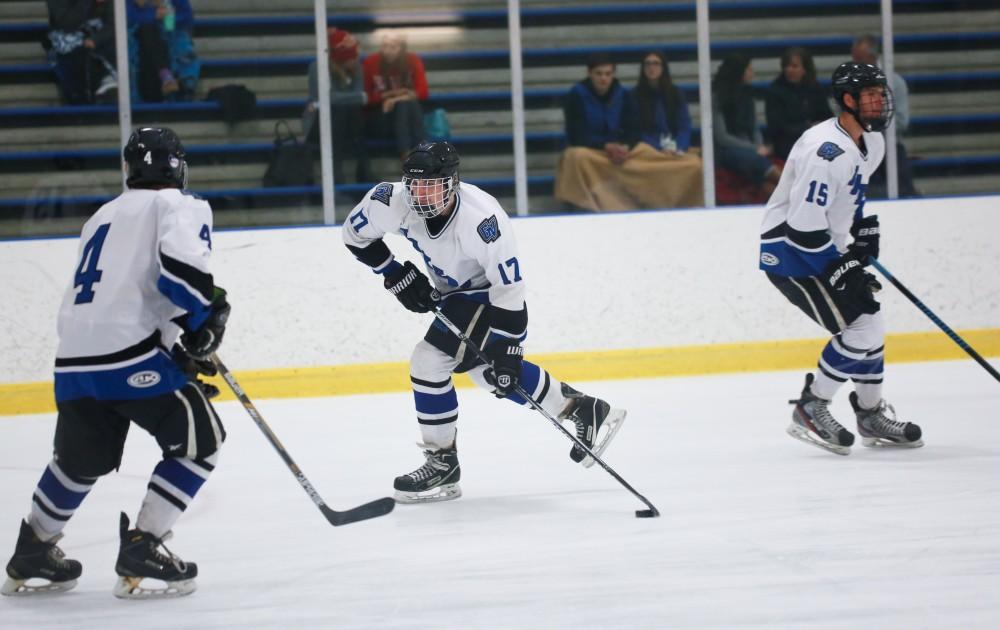 GVL / Kevin Sielaff - Austin Koleski (17) warms up before the game. Grand Valley's Divison II men's hockey squad squares off against Bowling Green University Oct. 16 at Georgetown Ice Arena.