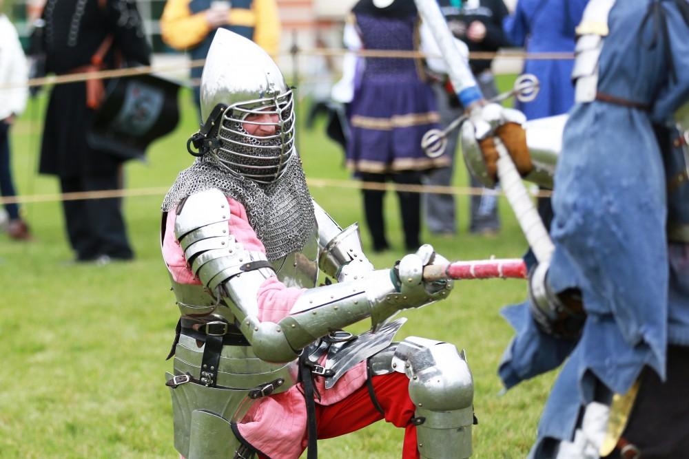 GVL / Kevin Sielaff 
Matt Kruchowski impales his enemy during a fight. The annual Renaissance fair takes place Oct. 3-4 outside of the Kirkhoff Center in Allendale. 