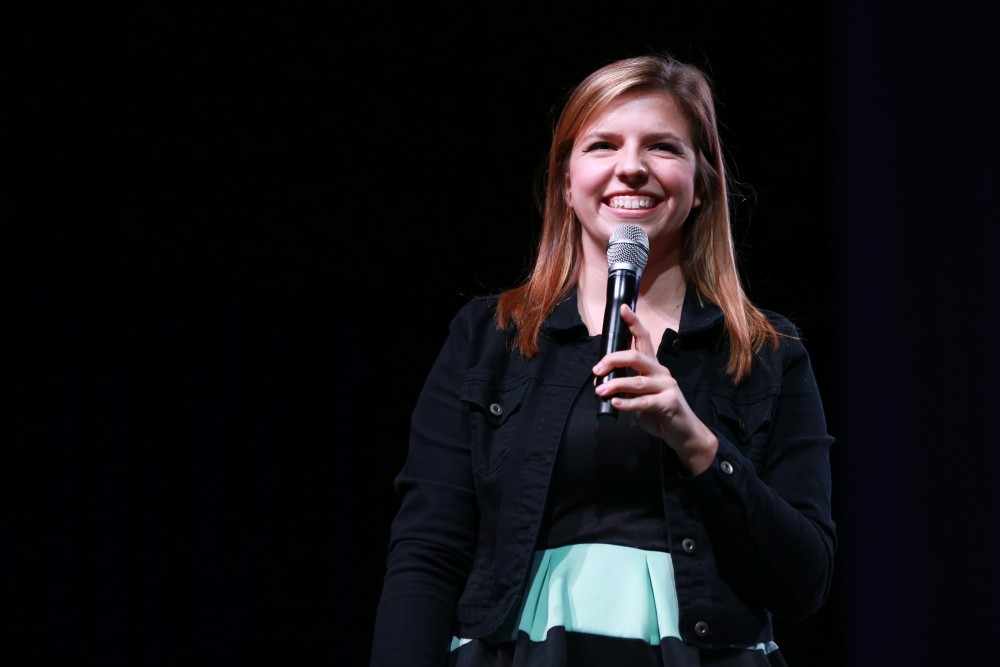 GVL / Kevin Sielaff - Bree Girard introduces Aidy Bryant before the start of the show.  Grand Valley hosts SNL comedians Aidy Bryant and Jay Pharoah inside the Fieldhouse Arena Oct. 22.