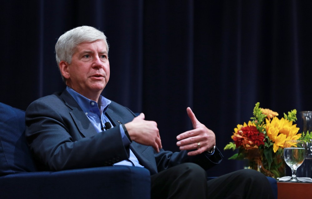 GVL / Kevin Sielaff - Michigan Gov. Rick Snyder visits Grand Rapids Oct. 7 for the 2015 State University Summit. Gov. Snyder was greeted by officials working within higher education institutions from across Michigan. 