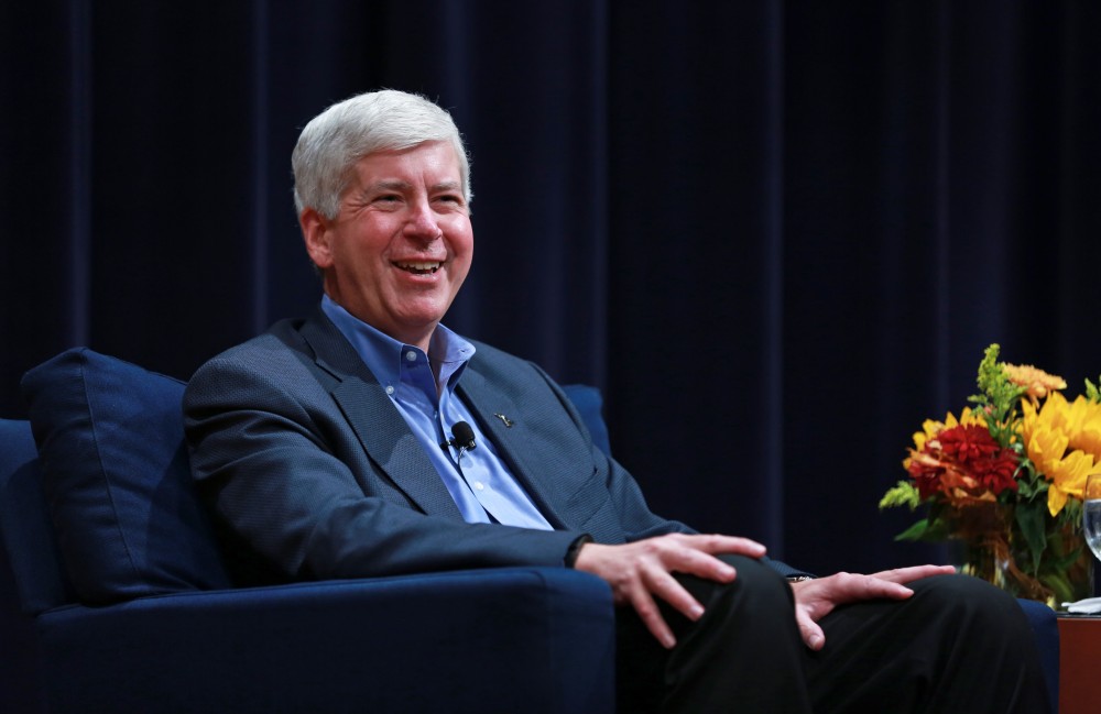 GVL / Kevin Sielaff - Michigan Gov. Rick Snyder visits Grand Rapids Oct. 7 for the 2015 State University Summit. Gov. Snyder was greeted by officials working within higher education institutions from across Michigan. 