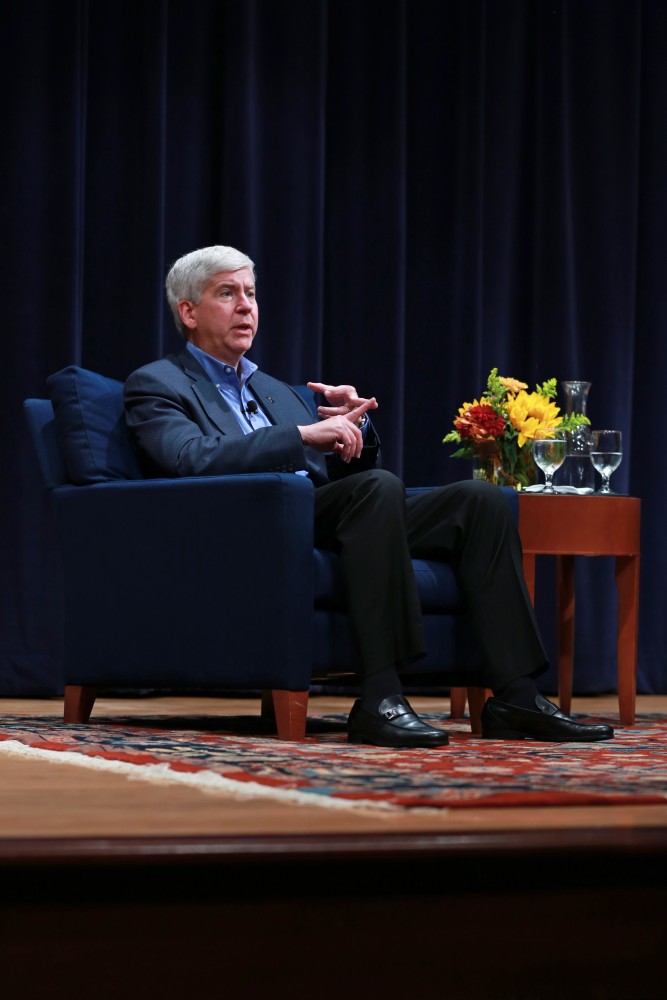 GVL / Kevin Sielaff - Michigan Gov. Rick Snyder visits Grand Rapids Oct. 7 for the 2015 State University Summit. Gov. Snyder was greeted by officials working within higher education institutions from across Michigan. 