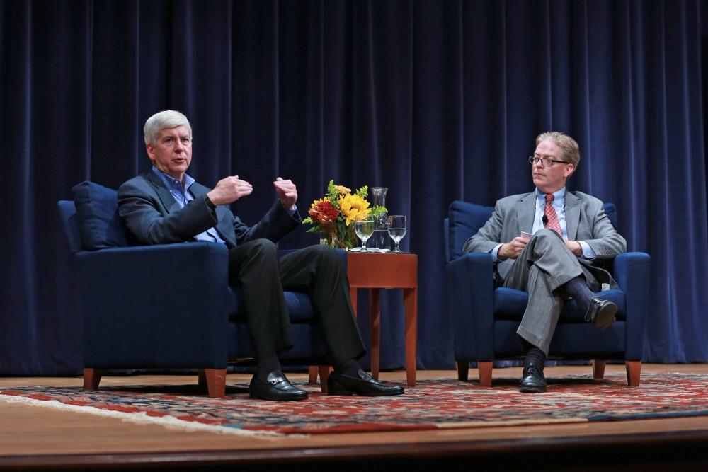 GVL / Kevin Sielaff - Michigan Gov. Rick Snyder visits Grand Rapids Oct. 7 for the 2015 State University Summit. Gov. Snyder was greeted by officials working within higher education institutions from across Michigan. 