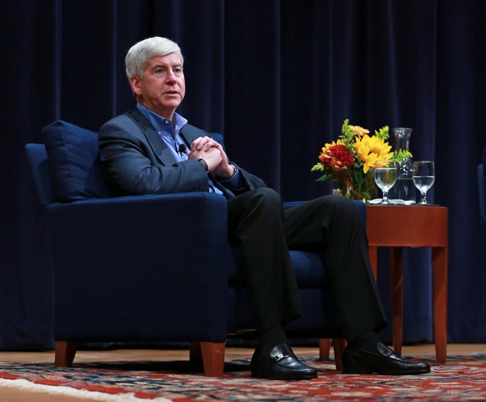 GVL / Kevin Sielaff - Michigan Gov. Rick Snyder visits Grand Rapids Oct. 7 for the 2015 State University Summit. Gov. Snyder was greeted by officials working within higher education institutions from across Michigan. 