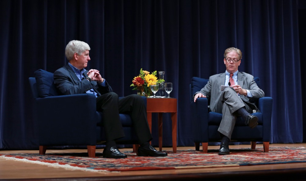 GVL / Kevin Sielaff - Michigan Gov. Rick Snyder visits Grand Rapids Oct. 7 for the 2015 State University Summit. Gov. Snyder was greeted by officials working within higher education institutions from across Michigan. 